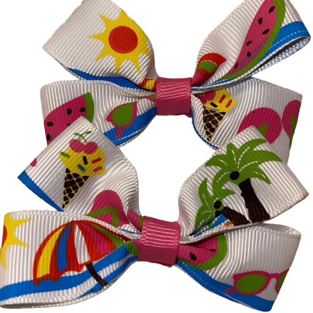 Bow pair hair bows accessories NEE summer fun beach palm tree watermelon sun